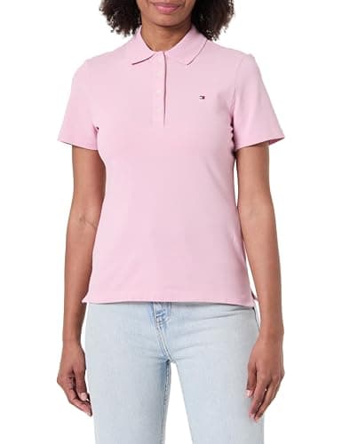 Image of Tommy Hilfiger Women's 1985 Slim Pique Polo SS WW0WW43225 S/S Polo, Pink (Bonita Pink), M