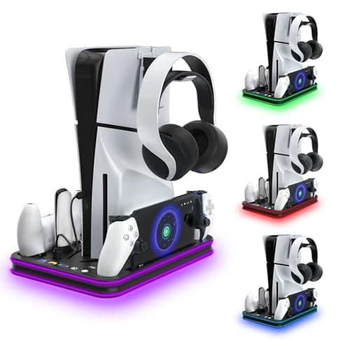 Image of PS5 Slim Accessories Cooling Stand with RGB LED – DualSense & Edge Controller Charging Dock – Vertical Charging Base with USB Ports - Black