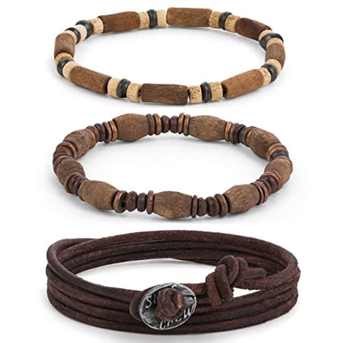 Image of LOCAL LEAGUE Mens Bead Bracelets, Beaded Bracelet Set 3x - SURF CREW HAWAII - Adjustable Leather Cord Wrap Wristband TROPICAL WOOD Beads for Men, Women, Holidays BEACH Festival, Boyfriend