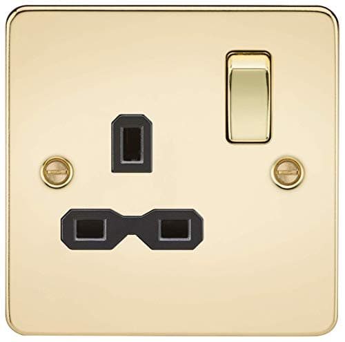 Image of Knightsbridge FP7000PB Flat Plate Single Socket in Polished Brass with Black Insert, 8.75 cm*8.75 cm*2.5 cm