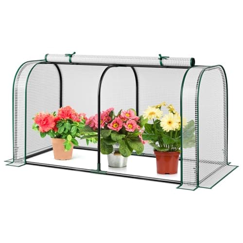 Image of TANGZON Mini Tunnel Greenhouse, Small Garden Green House with Zippered Roll-up Door & PE Cover, Portable Grow House for Plants Flowers Herbs Vegetables (White, 118 x 55 x 60 cm)