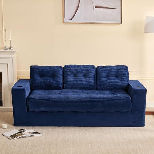 Image of Litbird 3 Seater Couch for Living Room, Space-Saving Boneless Sofa in a Box with Cushions & Cup Holders, Corduroy Floor Sofa with Backrest, No Assembly Required, for Small Spaces & Teens (Navy)