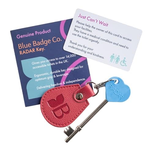 Image of Blue Badge Co Genuine NKS Radar Key for Disabled Toilets with Recycled Bottles Keyring in Raspberry, Accessible Loos in The UK, Easy Turn Access Disabled Toilet Key UK, Bathroom with Radar Lock