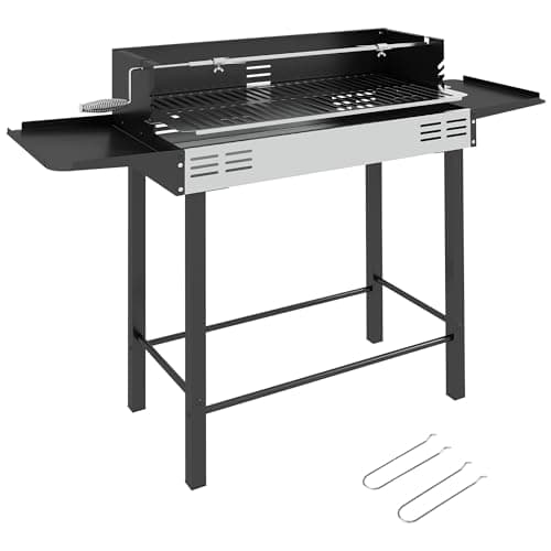 Image of Outsunny BBQ Rotisserie Grill Barbecue Roaster Charcoal Spit Roasting Machine for Chicken Turkey with 3-Level Grill Grate and Foldable Side Shelves, Stainless Steel, Black