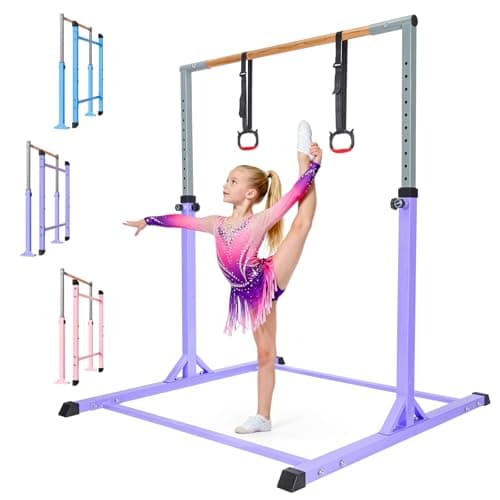 Image of BREEZENEST Adjustable Gymnastics Bar for Kids, 13-Level Height Gym Bars (100-158cm) with Rings - Steel Frame & Beechwood Bar for Home Training, Indoor Outdoor Use (Purple)