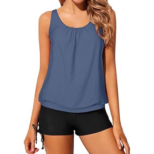 Image of 2 Piece Tankini Sets for Women UK, Athletic Swimming Costume with Sports Bra, Tummy Control Swimsuit with Shorts (UK, Alpha, L, Regular, Regular, Blue)