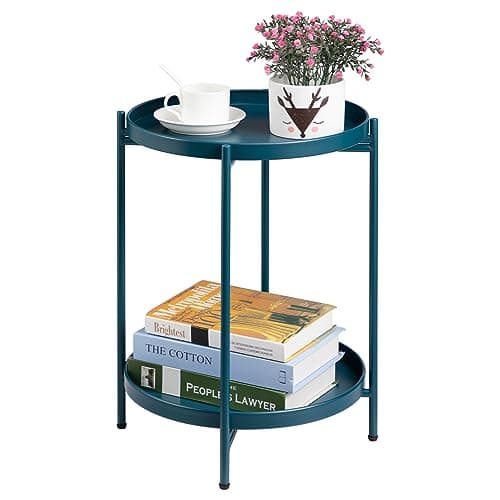 Image of HollyHOME Metal Round Coffee Table Small Round Side Table for Patio Balcony 2-Tier Tray End Table for Living Room Bedroom, Peacock Green
