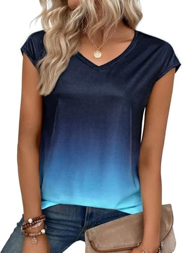 Image of Aottori Short Sleeves Tops for Women V Neck Basic T Shirts UK Summer Gradient Tie Dye Tee Shirt Casual Stretch Loose Fit Tunic Blouse Dark Blue S