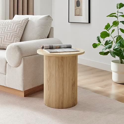 Image of Furniturebox UK Side Table - 'Penrose' Oak 60cm Round Wooden Pedestal End Table - Melamine Veneer - Slatted Wood Pillar Leg Modern Minimalist Scandi Japanese Influence Living Room Furniture