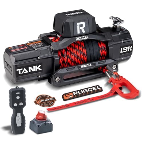 Image of RUGCEL WINCH 13500lb/6123kg 12V DC Heavy Duty Electric Winch, Waterproof Synthetic Rope Winch, 2 in 1 Wireless Remote Control, Off-Road Recovery for SUV Truck Trailer, TANK Series