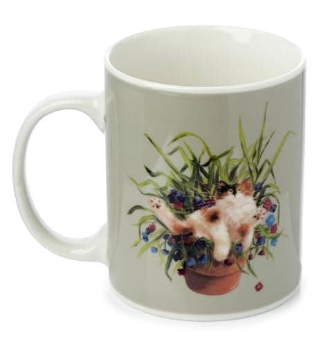 Image of Puckator Kim Haskins Cat in a Plant Pot Green Porcelain Tea Coffee Mug Funny Home Accessories Cute Gifts for Girlfriend Large Mugs for Men Women Hot Drinks Cups Presents Secret Santa Gift Cup Set