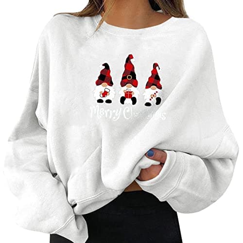 Image of Christmas Jumpers for Women Stylish and Elegant Round Neck Long Sleeves Ladies Christmas Xmas Sweatshirts Casual Holiday Pullover Jumpers Winter Oversized Festival Tops (White, M)
