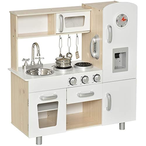 Image of HOMCOM Play Kitchen, Kids Kitchen Playset Toy with Microwave, Ice Maker, Cooking Stoves, Sink, for Boys Girls Ages 3+ Years, White