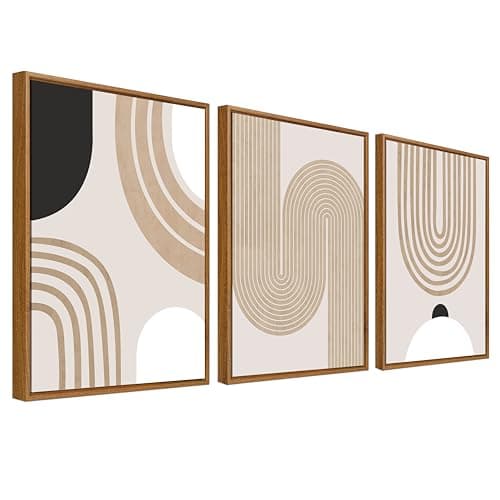 Image of Framed Canvas Wall Art Set of 3 Boho Minimalist Abstract Painting Prints for Wall Poster Caramel Beige Mid Century Geometric Pictures for Living Room Bedroom Hallway 30x40cm x3pcs (No Acrylic Glass)