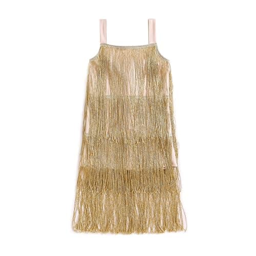 Image of Fiacafyo Toddle Kids Girl Sequin Fringe Dress Sleeveless Sparkling Layered Tassel Dresses Little Girls Party Latin Dance Dress (B-Gold, 9-10 Years)