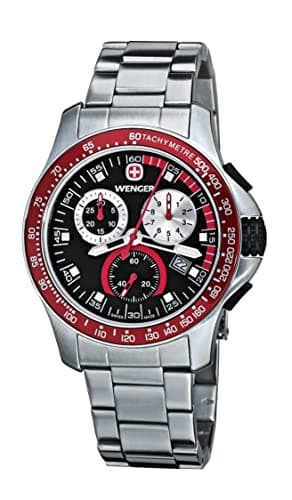 Image of Wenger Battalion 111 Men's Sporty Chronograph Watch 70784 with Striking Red Detail On The Dial and Bezel