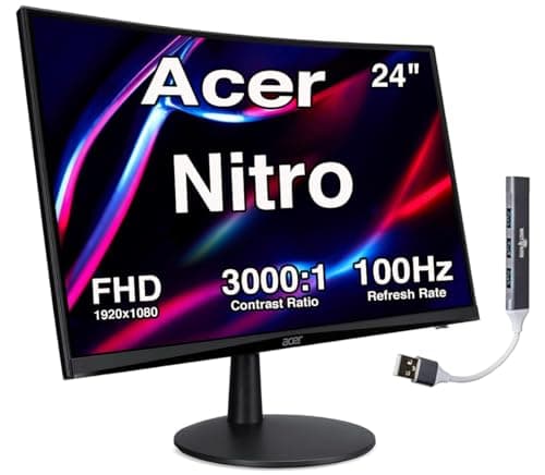 Image of Acer Nitro 24" Monitor, FreeSync 100Hz FHD 1500R Curve ZeroFrame Design with 1ms Response Time, VESA Mount (100mm), VGA, HDMI and Dockztorm USB Port Expander, Black (2025 Latest