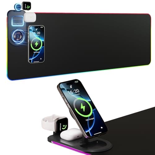 Image of HAUTOCO Wireless Charging Mouse Pad 15W RGB Gaming Mouse Mat, Waterproof Desk Mat with Phone Holder, 900x300x4mm Extra Large Mousepad, Non-Slip Base LED Computer Keyboard Mat for PC Laptop, Black