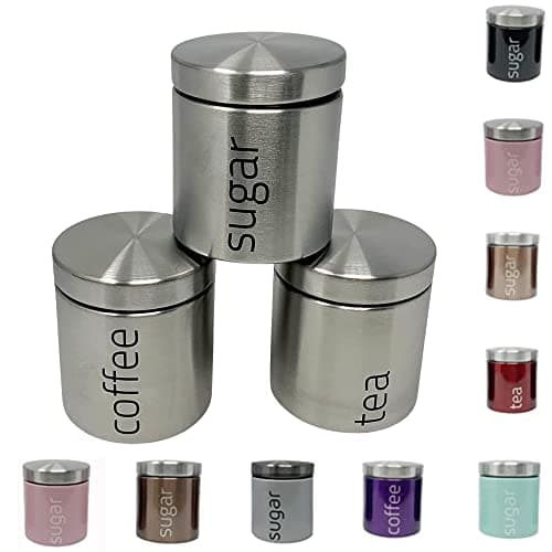 Image of plastific 3pcs Set of Stainless Steel Tea Coffee Sugar Canisters | Airtight Kitchen Storage Jars | Modern Satin Metal Containers for Dry Goods, Pantry Organization and Countertop Display
