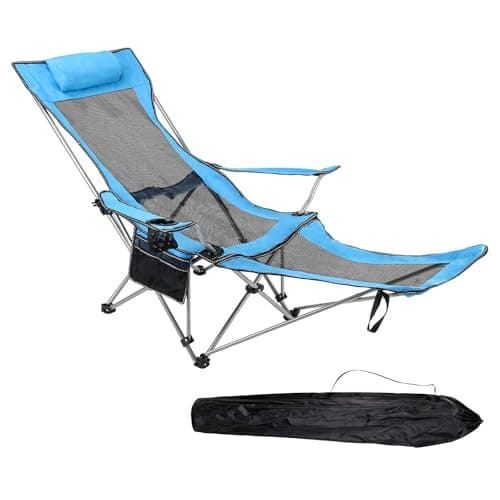 Image of Livhome Blue Camping Recliner Chair with Adjustable Headrest & Footrest, Foldable, Portable, Cupholder, Pocket, for Outdoor, Beach, Garden, Patio Garden
