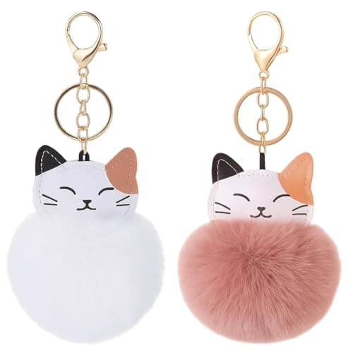 Image of YFHUVB 2 Pcs Cute Cat Plush Keyring, Pendant Pom Pom Keyring For Women, Handbag, Backpack, Car Keychain, Plush Animal Keychain for Cat Enthusiasts