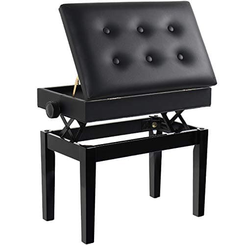 Image of GRANDMA SHARK Piano Stool, Dressing Table Stool, Height Adjustable, Single Seat Keyboard Bench with Storage Compartment, Soft Faux Leather Padded Seat (Black Button)