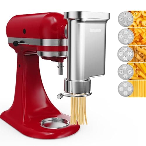Image of Metal Gourmet Pasta Press Attachment for KitchenAid Stand Mixer – Durable Pasta Maker Attachment with 5 Interchangeable Plates for Spaghetti, Bucatini, Fusilli, Large & Small Macaroni