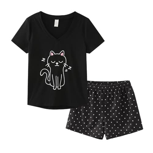 Image of MyFav Women's Soft V Neck PJS Cute Short Sleeve Shorts Sets Comfy Sleepwear 2 Piece Pyjama Loungewear,Black Cat,M