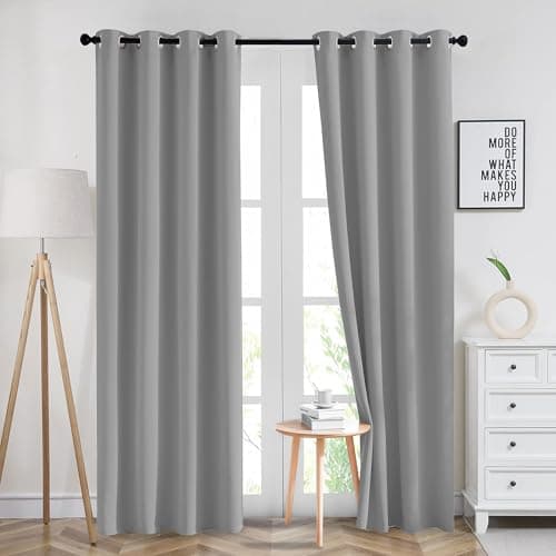 Image of Imperial Rooms Blackout Eyelet Curtains for Bedroom 90x72 inch Drop Thermal Insulated Super Soft Ring top Light Grey Curtain 2 Panel withTwo Tie Backs