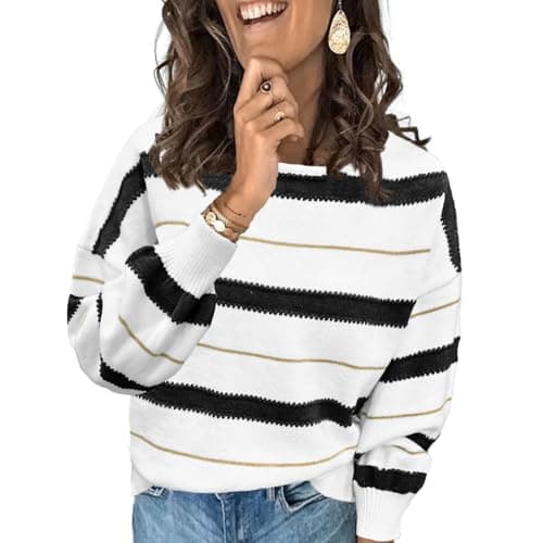 Image of Ancapelion Women’s Striped Colour Block Jumper Long Sleeve Chunky Sweater Crew Neck Knit Pullover Tops Knitwear White and Black XL