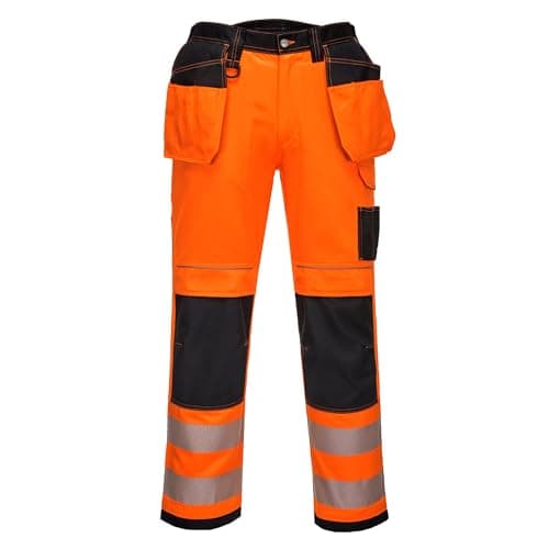 Image of Portwest PW3 T501 Mens Hi Vis Work Trousers Holster Pocket Polycotton Reflective Triple Stitched Kneepad Pocket Cargo Workwear Construction Builders Tradesman Heavy Duty, Regular, Orange/Black, 28