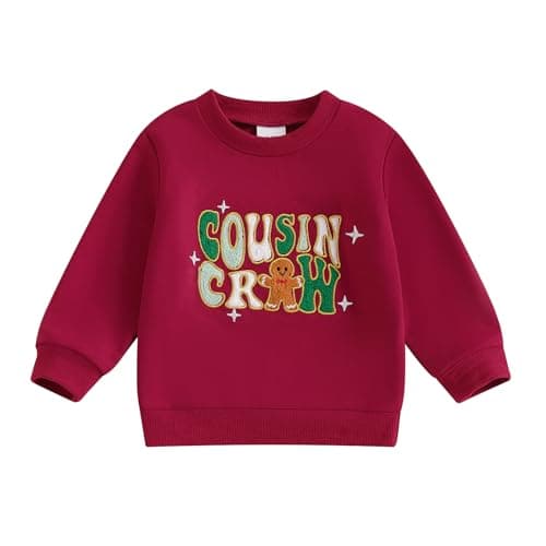 Image of Baby Christmas Jumper Toddler Boys Girls Gingerbread Man Cousin Crew Print Sweatshirt Long Sleeve Pullover Top Kids Infant Christmas Outfit Xmas (Red Embroidery, 18-24 Months)