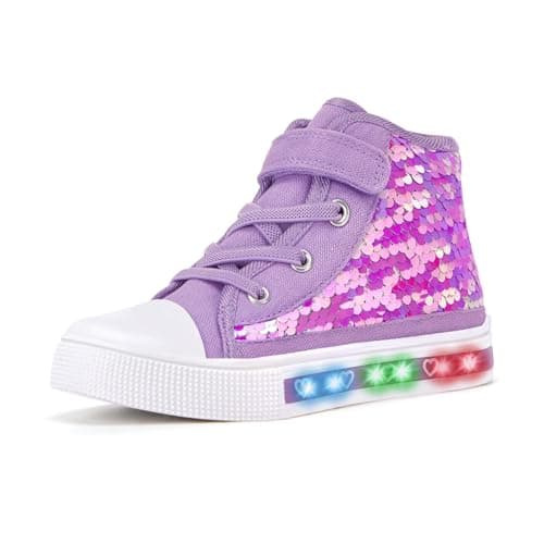 Image of Girls Trainers Kids High-Top Flashing Canvas Shoes Unisex Child Light Up Lightweight Casual Shoes Purple Sequin Size 8