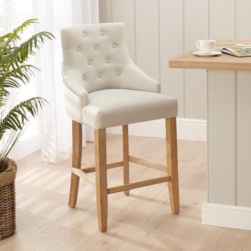 Image of The Furniture Market Luxury Natural Fabric Scoop Back Kitchen Counter Bar Stool | Limed Oak Legs | Quilted Button Back | Stud Detailing | Solid Wood Frame | H 1050mm x W 520mm x D 560mm