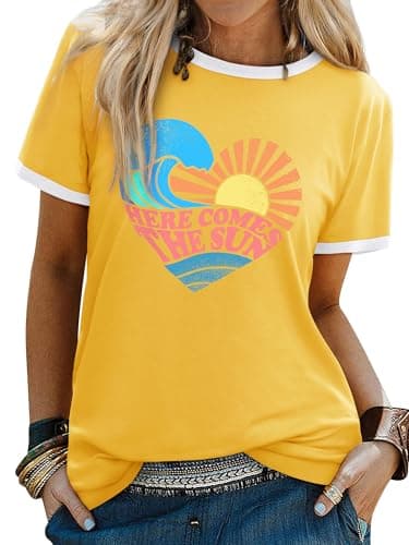 Image of WIEIYM Ladies T Shirts Love Heart T Shirt Sun Wave Sea Graphic Print Slogan Tee Women Summer Holiday Beach Hawaiian T-Shirt Unisex Crew Neck Short Sleeve Tops Yellow