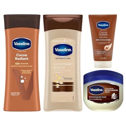 Image of Vaseline Cocoa Radiant Glow Bundle: Body Lotion, Body Oil, Hand Cream, and Moisturising Petroleum Jelly for Ultimate Hydration & Radiance, Revitalizing Dry and Dull Skin