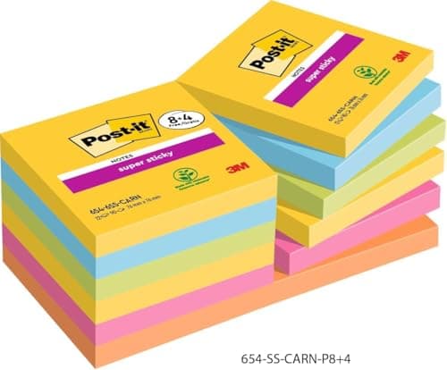 Image of Post-it Super Sticky Notes,1080 Sheets, Value Pack of 8 + 4 Free Pads, 76 mm x 76 mm, Holds Strong to Many Surfaces - Bright Colours - for Walls, Monitors and Fridge, Recycable