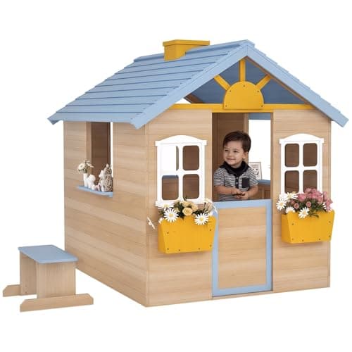 Image of Outsunny Wooden Playhouse for Kids, Outdoor Wendy House with Picnic Bench, Door, Windows, Service Stations, Flower Pot, Pretend Play for Ages 3-7 Years, Blue