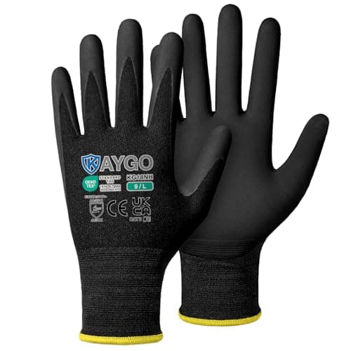 Image of KAYGO Safety Work Gloves MicroFoam Nitrile Coated 3 Pairs, KG18N, Seamless Knit Nylon Glove with Abrasion and Oil Resistant Grip, Ideal for General Purpose, Automotive, DIY (Large, Black)