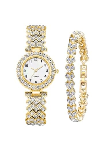 Image of 422 Store Luxury Women's Crystal Quartz Watch Set, Silver Roman Numeral Dial, Rhinestone Bracelet Watch with Matching Tennis Bracelet, Fashion Dress Wristwatch (Gold White)