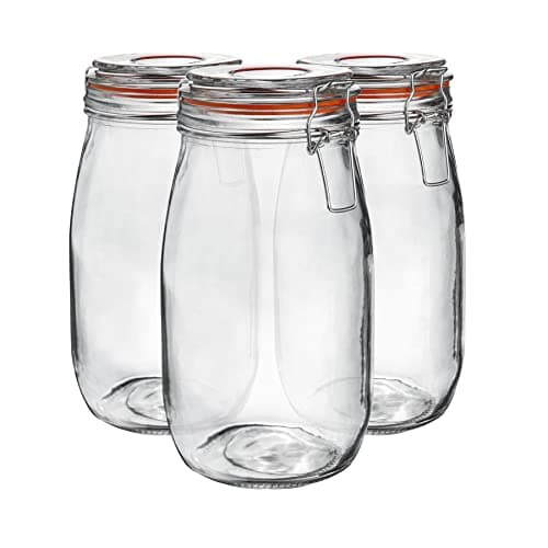 Image of Argon Tableware Glass Jars with Airtight Metal Clip Lid - 1500ml/50.7oz - 6 Pack - 4 Colour Seals - Large Kitchen Storage Container Round Preserving Jar for Pickling, Chutney, Jam, Coffee