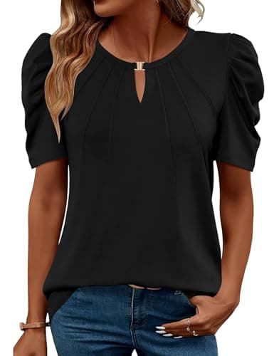 Image of iWoo Summer Tops for Women UK Casual Short Sleeve Tunic Crew Neck Gigot Sleeve T Shirts Blouse Shirt Black M