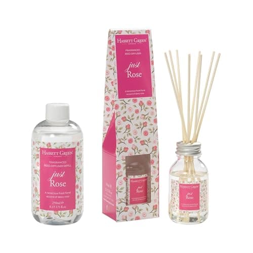 Image of Hassett Green London - Just Rose - Reed Diffuser and Refill Combination Set - 100ml Glass Bottle with 8 Rattan Reed Sticks plus Larger Size 250ml Refill Bottle