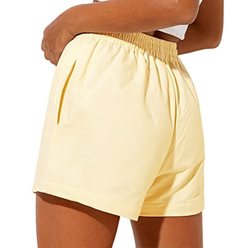 Image of Womens Sweat Shorts Casual Summer Athletic Shorts Elastic Comfy Shorts High Waist Sweatpants with Pockets Loose Shorts (Beige, S)