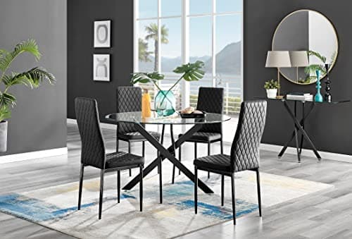 Image of Furniturebox UK Dining Table - Novara 120cm Round Matte Black and Clear Tempered Glass Industrial Home 4/6 Seater Kitchen Dining Table & 4 Black Faux Leather Black Leg Milan Dining Chairs