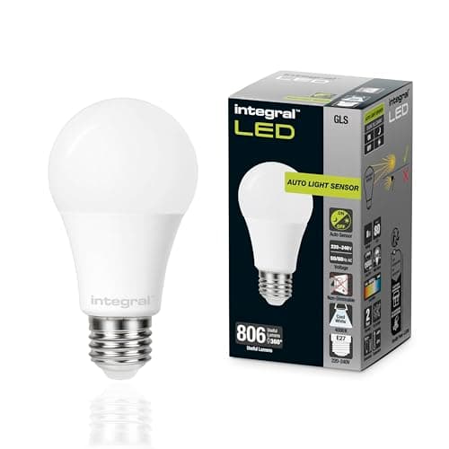 Image of Integral LED E27 Frosted GLS Bulb | Dusk-to-Dawn Sensor | 8W 806lm Output (60W Equivalent) | 4000K Cool White Light | Non-Dimmable | Ideal for Outdoor, Porch, Garage, Garden, Patio