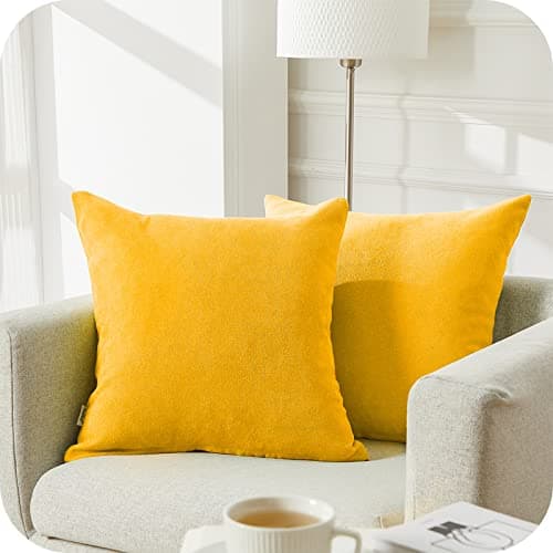 Image of Topfinel Mustard Yellow Cushion Covers 40cm x 40cm Chenille Pillow Cover Soft Square Plain Decorative 16x16 Inches Throw Pillowcases for Sofa Bed Bedroom livingroom with Invisible Zipper Set of 2