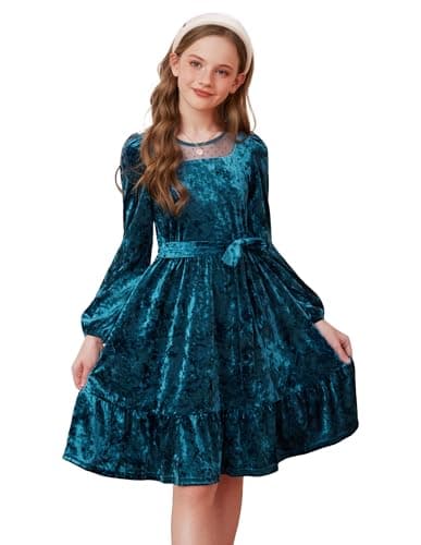 Image of GRACE KARIN Girls Velvet Mesh Party Dress Long Sleeve Tiered A-Line Fall Winter Dress with Belt Elastic Waist Gray Blue 6 Years