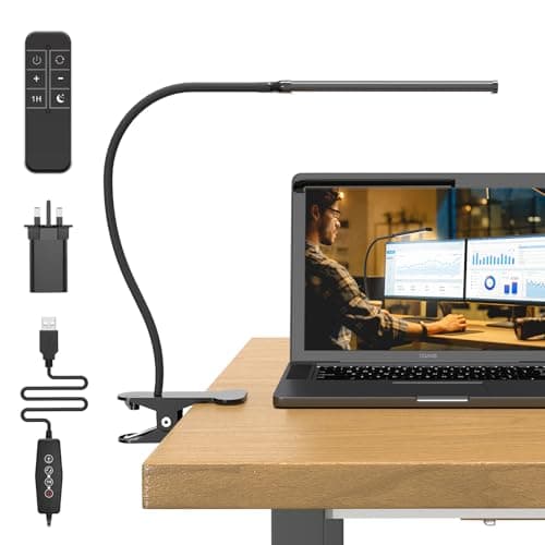 Image of Mojimdo 77 LED Dimmable Desk Lamp with Remote [3 Colour Temperatures & 10 Brightness Levels] 40cm Flexible Arm with USB Charger, Easy Clip on Reading Light, Led Table Lamp, Work Lamp for Home