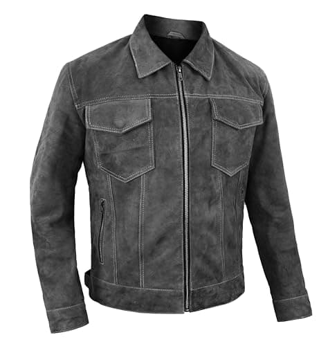 Image of Fashion_First Mens Suede Trucker Jacket - Classic Western Style, Soft Genuine Suede Leather, Casual Lightweight Outerwear, Grey L